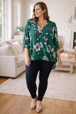 West Kei | Plus Size Floral Faux Wrap Top | XXL | Green Floral Blouse 3/4 Sleeve